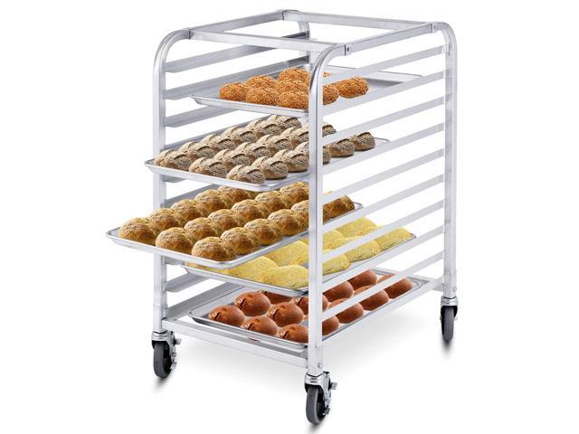 10 Tier Bun Pan Rack, Bakery Rack with 2 Lockable Wheels, 10 Sheet Aluminum Storage Cooling Trolley with Open Shelf, Dough Pizza Baking Mobile Rack...