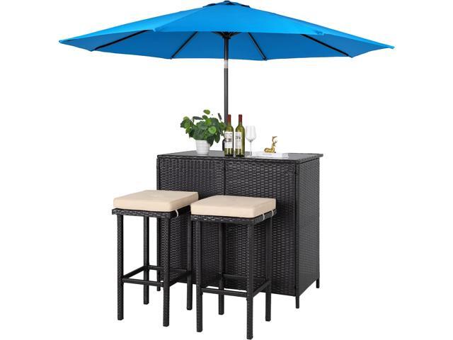 3-Piece Outdoor Patio Bar Set Black Brown Wicker Bar Table Set Patio Furniture Set Outdoor Bar and Two Stools with Cushions and 9 FT Patio...