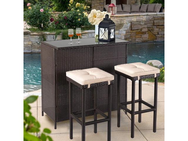 3-Piece Outdoor Patio Bar Set Black Brown Wicker Bar Table Set Patio Furniture and Two Stools with Cushions for Backyards, Lawn, Garden or Poolside