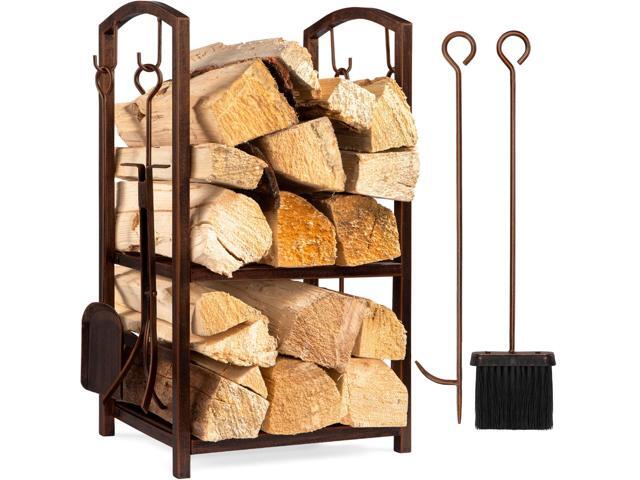5-Piece Indoor Outdoor Wrought Iron Firewood Log Storage Rack Holder Firepit Tools Set for Fireplace, Fire Pit, Stove w/Hook, Broom, Shovel, Tongs.