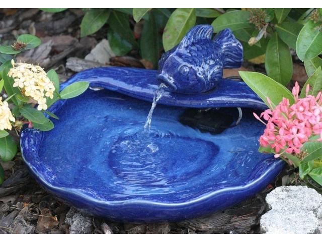 21372R01 Ceramic Solar Koi Fountain, Blue Glazed Finish, Powered by an Included Solar Panel that Operates an Integral Low Voltage Pump With Filter