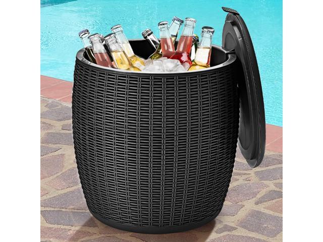 9.5 Gal Cooler Bar Table, Patio Wicker Ice Cool Bar Table, Outdoor Rattan Bar Table with Ice Bucket, Ice Bucket with Side Handles & Lid, Beer &...