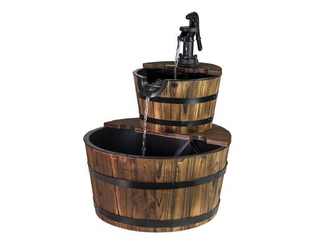 2-Tier Rustic Outdoor Fountain 18' W, Garden Decor Water Fountain with Submersible Electric Pump and Cast Iron Hand Pump Accessory for Patio,...