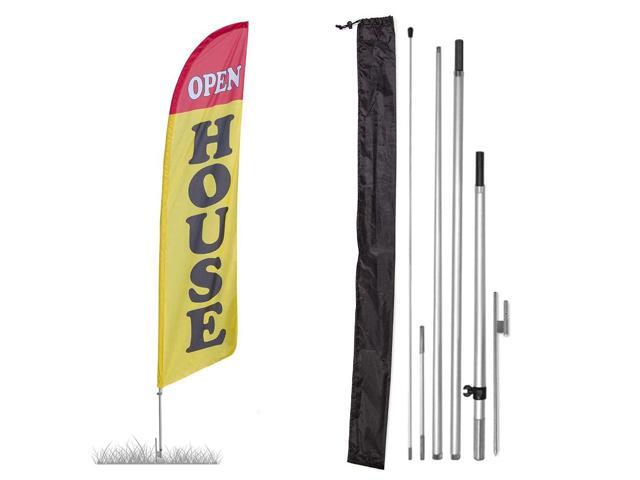Premium Open House Feather Flag Kit Includes 13ft Sectional Aviation Grade Fiberglass Poles, Yellow Open House Flag, Ground Spike and Pole Sleeve Bag