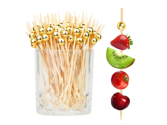 100PCS Cocktail Picks, Fancy Toothpicks for Appetizers, Decorative Skewers for Appetizers Drinks Party Fruit, 4.7 Inch Long Wooden Bamboo Gold Ball...