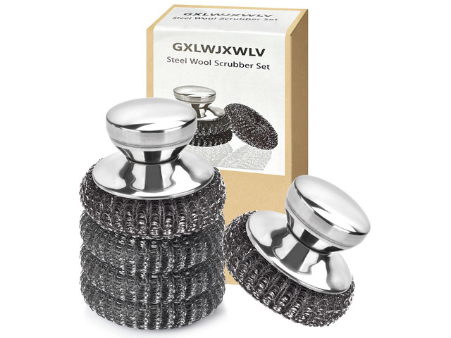 5PCS Stainless Steel Scrubber Pads, with 2Pcs Handle Steel Wool Scrubber Set, For Kitchen and Household, Cleans Dishes, Stoves, Grill, Sink, Pots