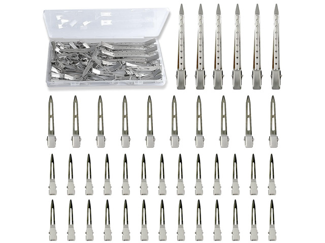 42Pcs Styling Hair Clips Set: Silver Metal Duck Billed Clips for Women's Hairstyling, Long Duckbill Pins, Alligator Rollers with Case