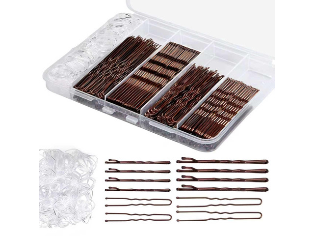 300 Pcs Bobby Pins Hair Pins Kit with Storage Box, 100 Brown Non - Slip Bobby Pins, 100 Invisible Hair Pins for Women and 100 Clear Hair Elastics,...