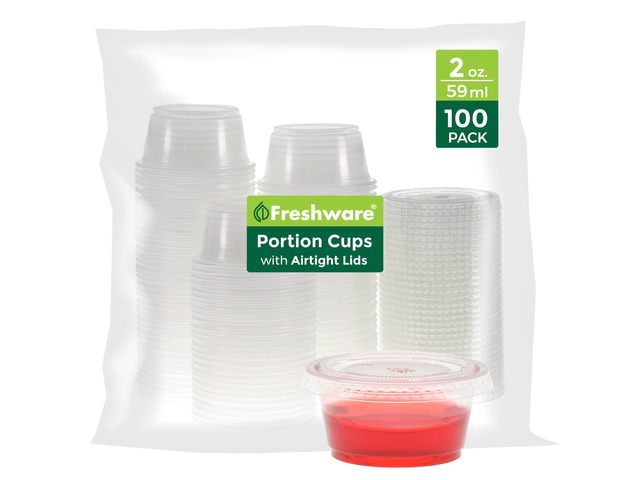 Plastic Portion Cups with Lids [2 Ounce, 100 Sets] Disposable Plastic Cups for Meal Prep, Salad Dressing, Jellos Shot Cups, Souffle Cups, Condiment...