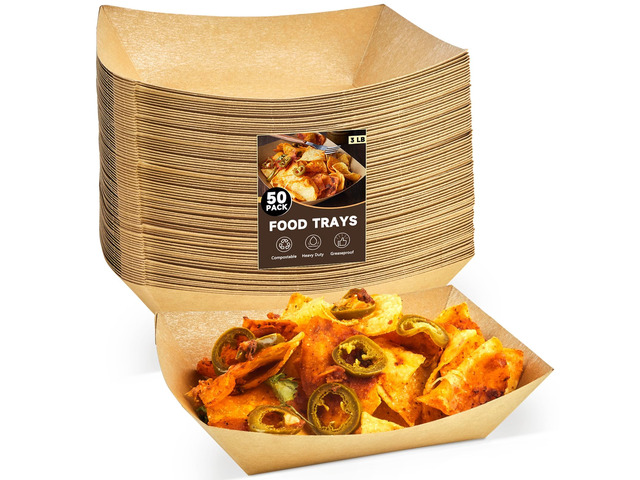 50 Pack 3 Lb Paper Food Trays Disposable, Kraft Paper, Nacho Trays, Food Boats, Taco Holders, Party Serving Baskets, For Hot Dogs Snacks Tacos Fries
