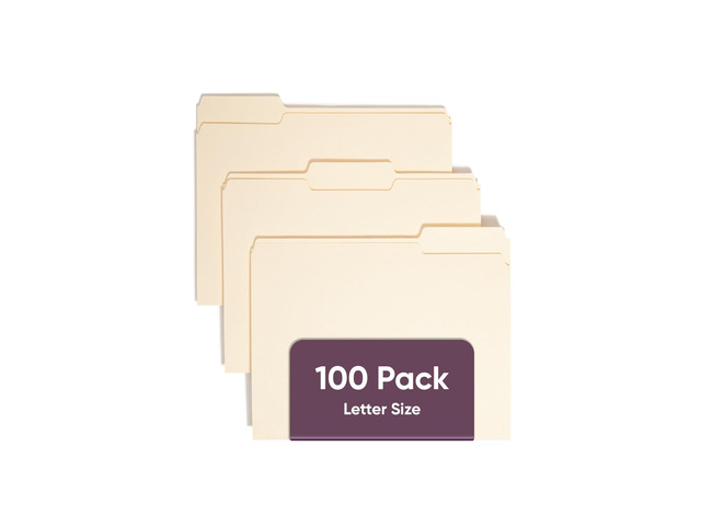 File Folders Letter Sized, 1/3-Cut Tab, Assorted Positions, Letter Size Manila Folders, 100 Per Box (10330)