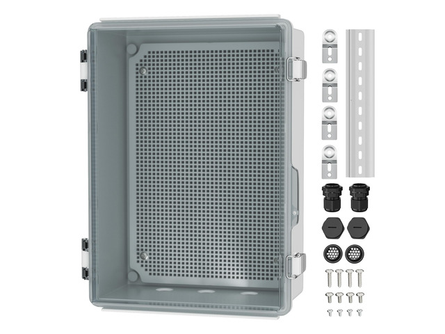 Clear Electrical Enclosure Box 12.8x8.8x4.2 for WiFi Router Weatherproof ABS box: insulation, vented, DIN rail, grid plate, 2 NPT3/4' glands, wall...
