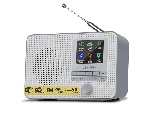 IR1 Internet Radio, Podcasts, Bluetooth, FM, Grey Alarm clock, full colour display, mains or AA battery, compact kitchen radio, snooze, sleep...