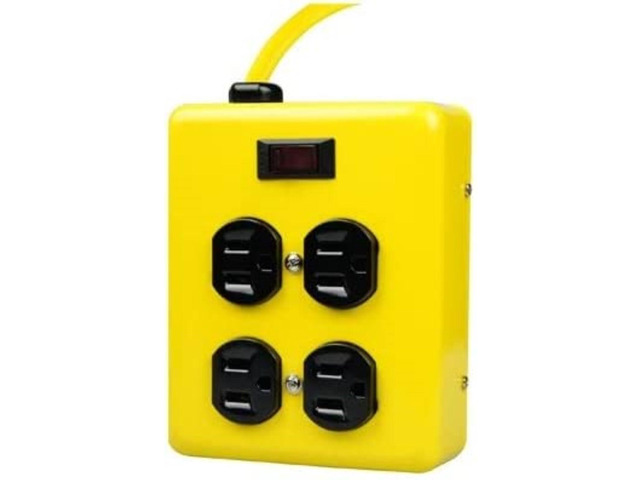 Southwire Metal Power Block - Heavy Duty Design - 4 Outlet Grounded Plug Splitter - Lighted Switch - 4 Ft Yellow Cord Plug - Durable Workshop Use
