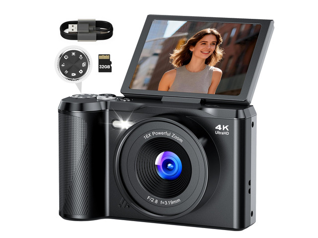 Digital Camera 4K for Photography Vlogging: 56MP Cameras with Mode Dial for Video - 16X Zoom Photo Camera Gifts for Teens Ages 8-16 - 180°Flip...