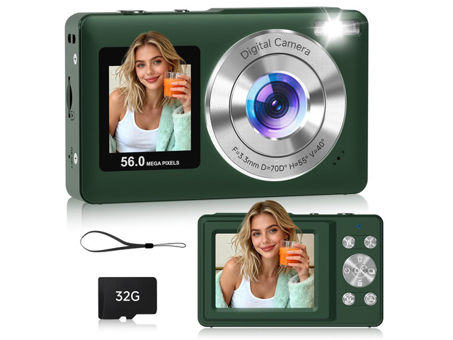 Digital Camera, 56MP Dual Screen Autofocus Vlogging Camera, 16X Zoom Point and Shoot Camera for Photography, Anti-Shake, 32GB Card, Compact Camera...