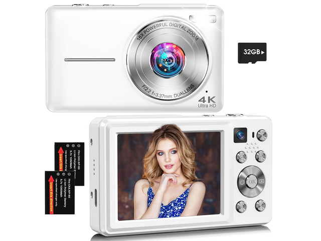 Digital Camera, 4K 64MP Autofocus 16X Zoom Camera with Dual Lens(White) 2026 Latest Anti-Shake Point Shoot Camera, Compact Travel Vlogging Camera...