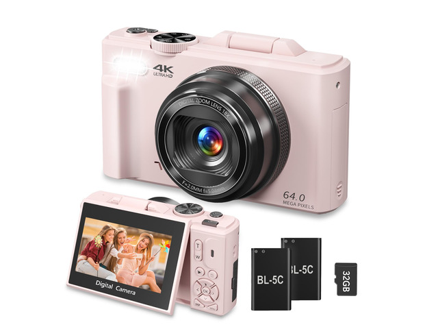 4K Digital Camera for Photography, 64MP Vlogging Camera for YouTube, WiFi Vlog Cameras with 18X Digital Zoom, 3'' Flip Screen and 32GB TF Card, Pink