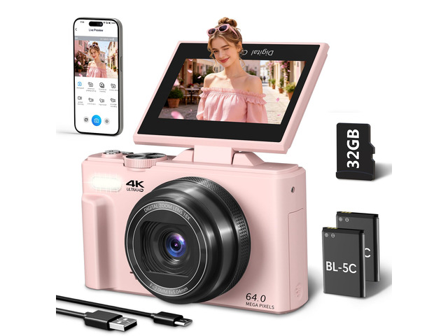 4K Digital Camera for Photography, 64MP Vlogging Camera for YouTube with 3' 180° Flip Screen, WiFi Compact Camera with 18X Digital Zoom, Comes with...