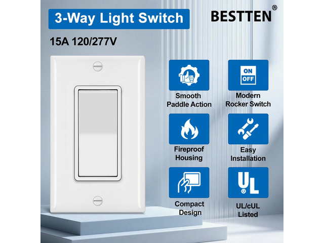 30 Bulk 3-Way Decorator Wall Light Switch with Wallplate, 3 Wire UL Listed, 15A 120V/277V, Single Pole or Three Way, On/Off Rocker Paddle Wall...