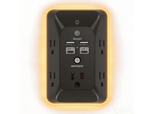 Outlet Extender with Night Light, Multi Plug Outlet, USB Wall Charger Surge Protector with 4 USB Ports(2 USB C), 5 Widely Spaced Outlets Splitter,...