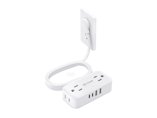 Flat Plug Power Strip, Small Extension Cord 10ft, 4 AC & 4 USB, White Flat Extension Cord with Multiple Outlets, 1250W, Wall Mount 900J Surge...