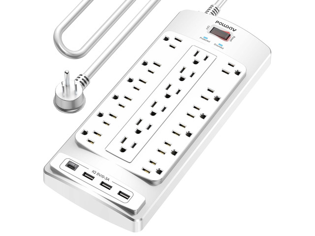 18 Outlets Surge Protector Power Strip - 10 Feet Flat Plug Heavy Duty Extension Cord with 18 Widely Outlets and 4 USB Ports, 2100 Joules, White,...