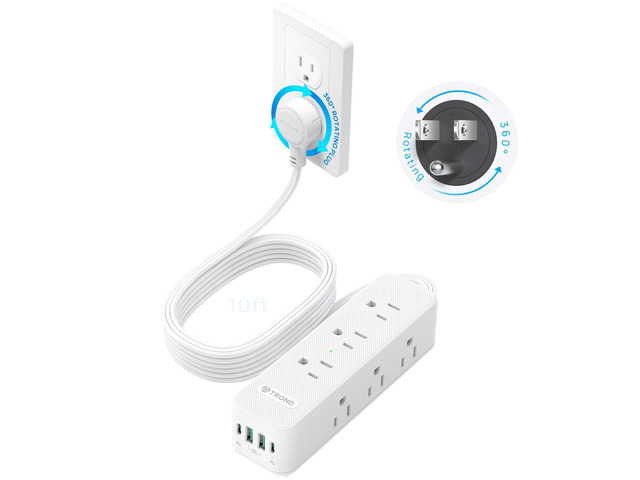 360° Rotating Flat Plug Power Strip 10ft with USB PD 20W, 9 AC, White Flat Extension Cord Surge Protector 1300J, 1625W, Wall Mountable, for Home...