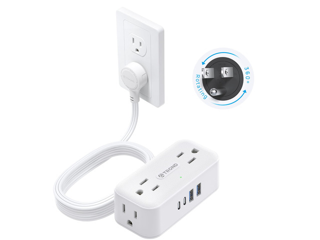 360° Rotating Flat Plug Power Strip 10ft, 4 Widely AC Outlets, White Flat Extension Cord 4 USB Ports (2 USB C), 10A/1250W, Wall Mount, 900J Surge...