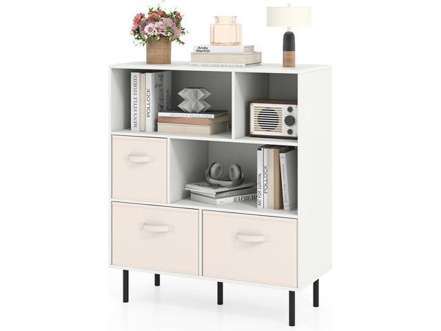 6-Cube Bookcase, 3-Tier Wooden Storage Cabinet with 3 Removable Folding Fabric Drawers & 2 Anti-tip Devices, Open Freestanding Bookshelf Display...