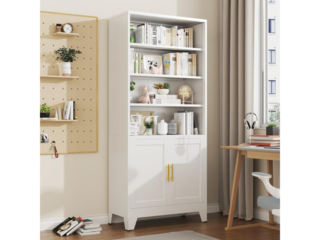 71' Tall Bookshelves and Bookcases with Doors, 6 Tier Metal Bookcase with Storage and Adjustable Shelf, Floor Standing Display Storage Shelves for...
