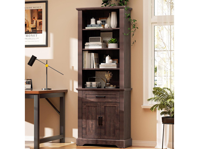 4-Tier Open Bookshelf with Drawer, Freestanding Farmhouse Bookcase with Adjustable Shelves, 72' Tall Display Storage Shelves for Home, Office(Brown)