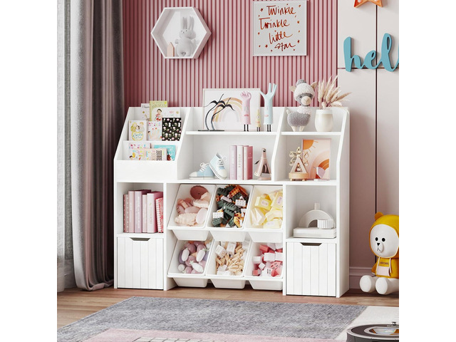 Wooden Wide Bookshelf,Tiered Bookshelves,with 2 Mobile Drawers on Wheels and 6 Removable Storage Baskets,Anti-tip Design,Suitable for Living...