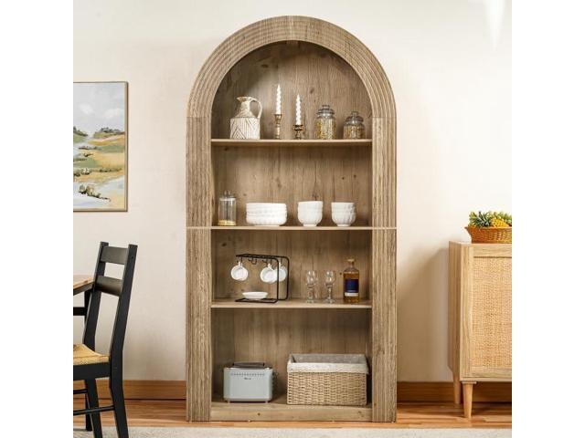 Arched Bookshelf, Mid Century Modern 4-Tier Arched Storage Bookcase with Open Display Storage Shelf for Dining Room, Living Room, Natural