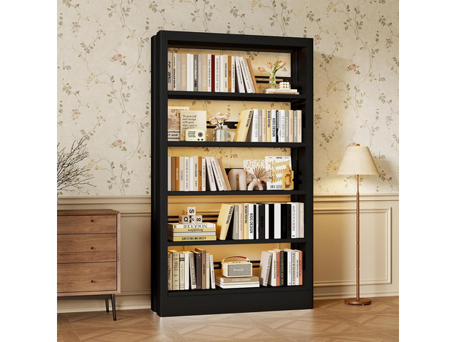 37''W Metal Bookshelf,5-Tier Heavy Duty Bookshelf,Metal Bookcase with Adjustable Shelves,Tall and Sturdy Bookshelf with Bookends and Book...