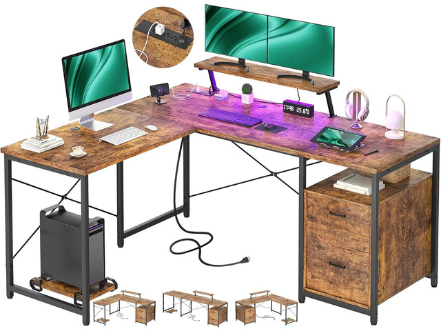 L-Shaped Desk with Power Outlet and LED Strip, 63 L Shaped Computer Corner Desk with Reversible File Drawer and Monitor Stand, Gaming Table Writing...