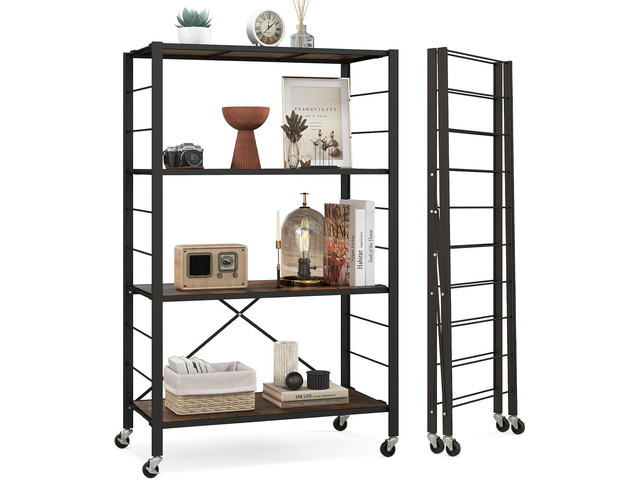 4-Tier Folding Storage Shelf, Collapsible Shelving Unit w/Lockable Wheels & Adjustable Shelf, Heavy-Duty Storage Organizer on Wheels, Storage Rack...