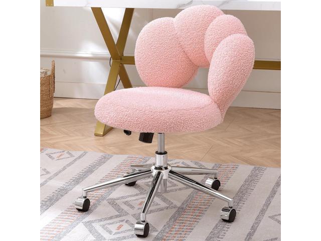 Pink Cute Vanity Chairs with Backs & Wheels, Swivel Rolling Makeup Vanity Chair with Adjustable Height, Sherpa Desk Chair for Living Room Bedroom...