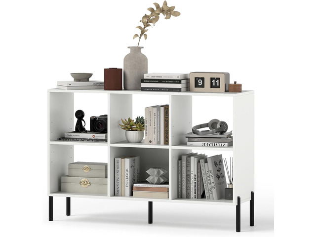 6 Cube Bookcase, 47' Long Bookshelf with 5 Metal Legs, Adjustable Shelves, Wood Cubical Storage Shelf, 31.5' Tall Freestanding Open Shelf Bookcase...