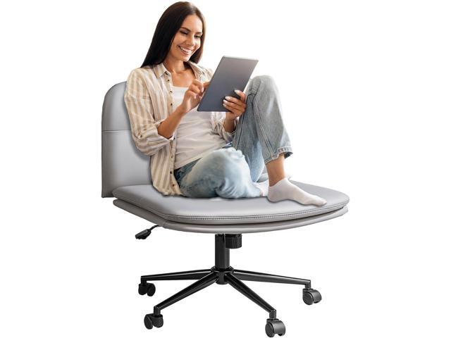 Big Comfy Seat Criss Cross Chair with Wheels Height Adjustable Armless Desk Chair Vanity Chair with High Back PU Leather (Gray)