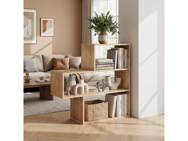 3-Tier Bookshelf, Wood Convex Bookcase Open Storage Shelf for Living Room, Home Office, Library