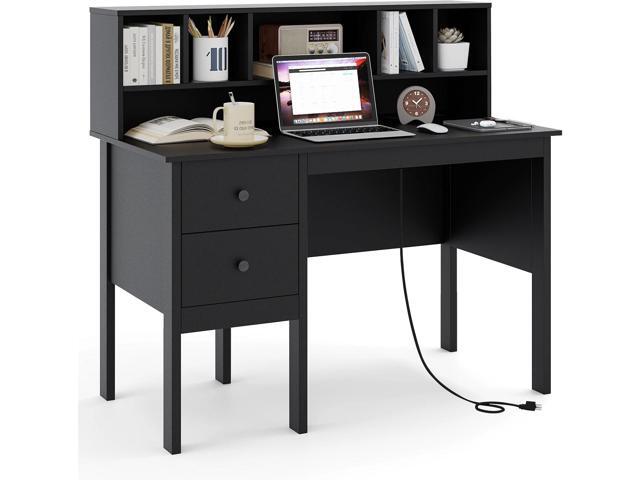 Modern Home Office Desk with Hutch, Office Desk with USB Charging Ports and Power Outlets, Computer Desk with 5 Storage Cubbies and 2 Drawers,...