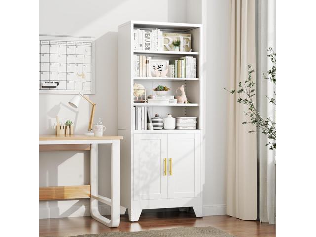 Tall Bookshelf with Doors and 2 Doors, 6-Tier Bookcase Cabinet, Modern Cube Storage Organizer for Studyroom, Classroom Livingroom, Bedroom (White)