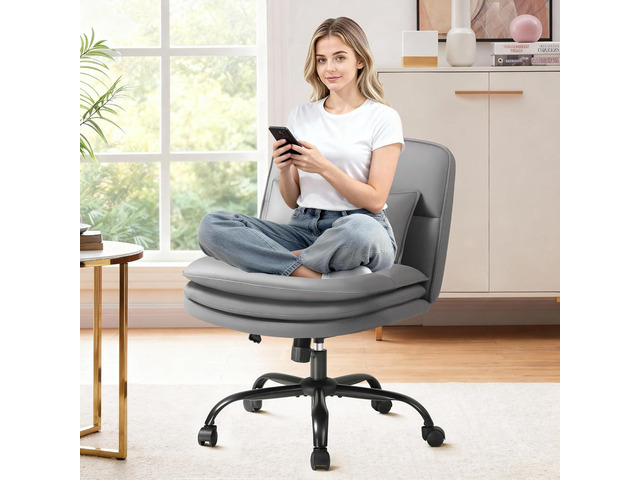 Criss Cross Legged Office Chair with Wheels, Armless Extra Wide Seat Swivel Desk Chair, Adjustable Height Comfy Task Chair with Thick Cushion for...