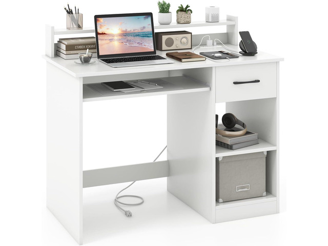 White Computer Desk with Charging Station, Type C Port, Modern Writing Desk with Drawer, Removable & Adjustable Shelf, Keyboard Tray, Home Office...