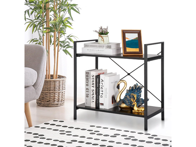 2 Tier Small Bookshelf for Small Space,Industrial Shelving Unit for Bedroom, Living Room and Home Office, Black