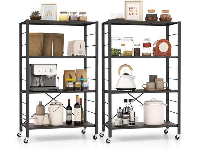4-Tier Folding Bookshelf Set of 2, Freestanding DIY Shelving Unit with Wheels, Height-Adjustable Shelves, Metal Frame, Industrial Storage Shelf...