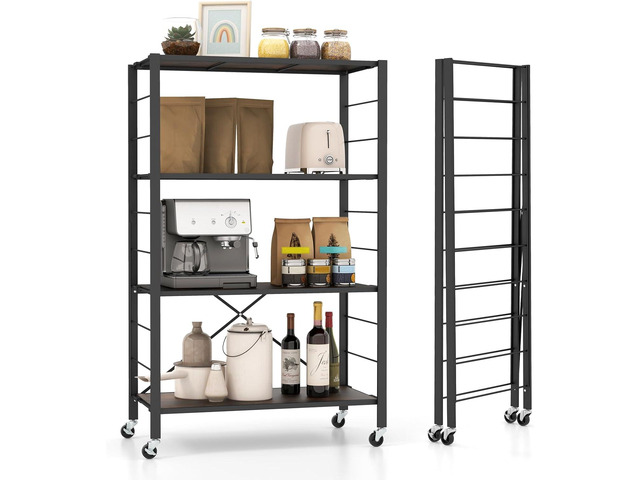 4-Tier Folding Bookshelf, Freestanding DIY Shelving Unit with Wheels, Height-Adjustable Shelves, Metal Frame, Industrial Storage Shelf Organizer,...