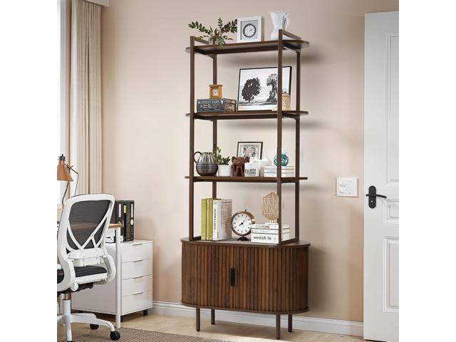 Bookshelf, 71' Tall Bookcase w/Storage Cabinet, Book Shelves Stand w/Fluted Sliding Doors, 4-Tier Open Display Shelf Organizer for Bedroom Living...