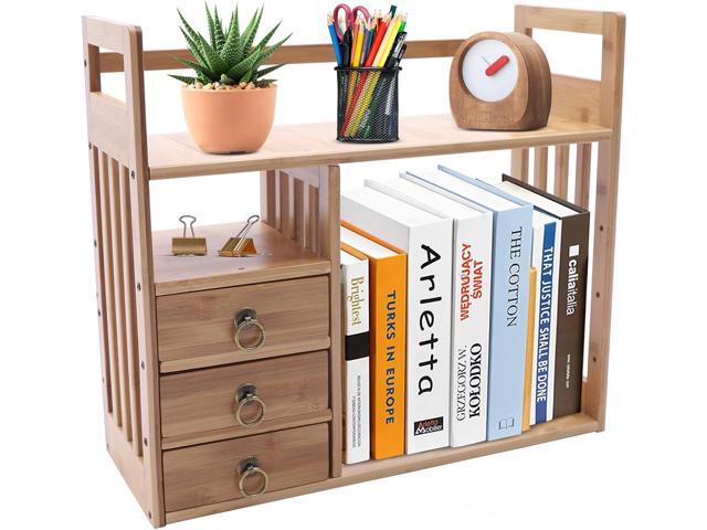 Bamboo Desk Book Shelf,Desktop Bookshelf Storage Rack Tabletop Standing Organizer Bookshelf with 3 Drawers,Freestanding Desk Bookcase for Home...